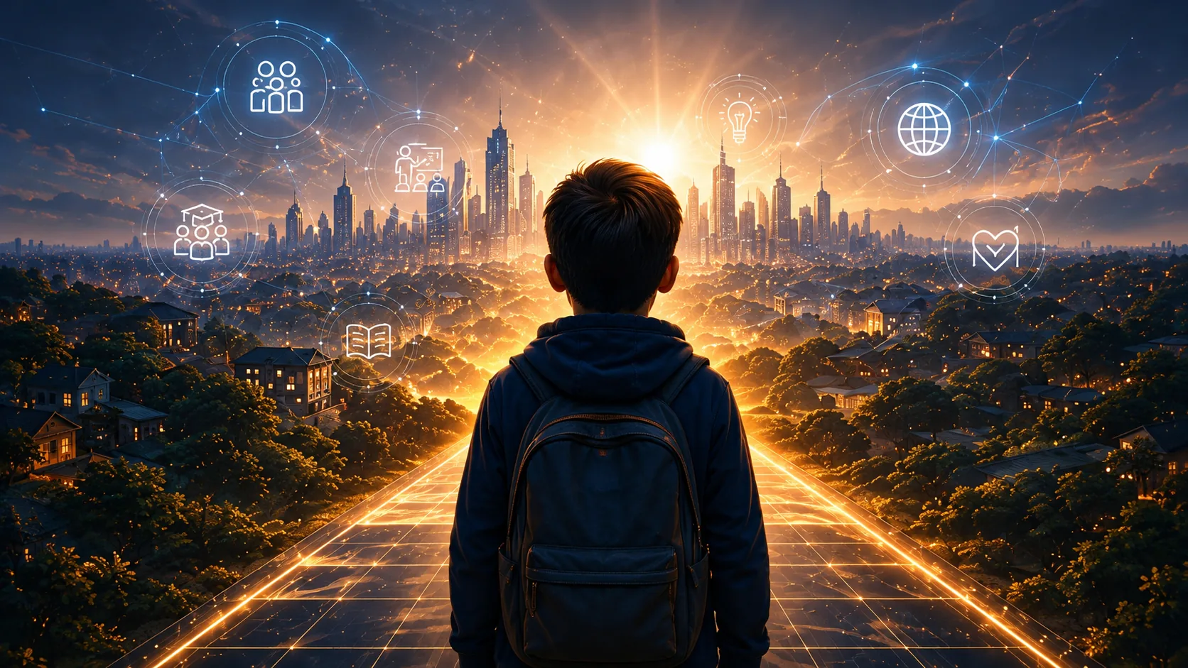 Child standing before a glowing city of possibilities and future potential